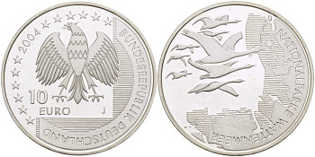 ФРГ 10 евро 2004 J, Национальный парк, Ваттовое море (Wattenmeer) KM 232, DE.S 10.15 серебро PROOF 413-6422