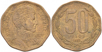 Чили 50 песо 1993 Бернардо О’Хиггинс KM 219.2 алюминиевая бронза 4539-831
