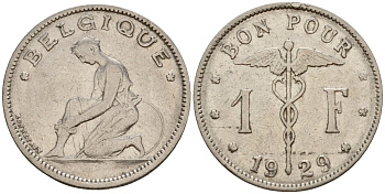 Бельгия 1 франк 1929 Belgique KM 89 никель 33-1241