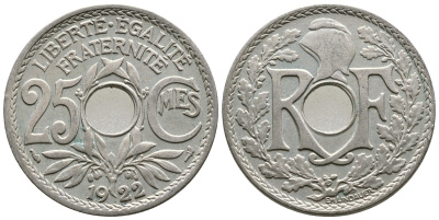 ФРАНЦИЯ 25 САНТИМОВ 1922 ТИП ЛИНДАЙЁ KM 867а, LE FRANC 171.6 медно-никель 26-327