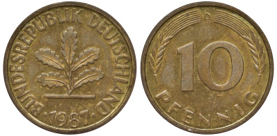 ФРГ 10 пфеннигов 1987 D KM 108, J. 383 сталь плакированная латунью 62-1234
