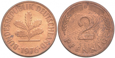 ФРГ 2 ПФЕННИГА 1976 D KM 106a, J.381a сталь плакированная сталь плакированная медьюю 3996-1114
