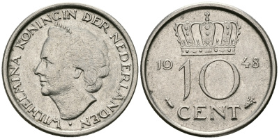Нидерланды 10 центов 1948 Вильгельмина (1895-1948) KM 177 никель 96-536