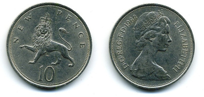Великобритания 10 пенсов 1968 Елизавета II (1952-2022) KM 912, Spink 4231 (F1) медно-никель  4110-1045