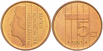 НИДЕРЛАНДЫ 5 ЦЕНТОВ 1991 БЕАТРИКС KM 202 бронза 4547-814