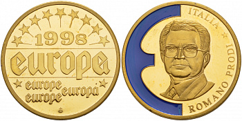 ЕВРОПА МЕДАЛЬ 1998 ИТАЛИЯ, РОМАНО ПРОДИ, ЭМАЛЬ, ДИАМЕТР 40 ММ., ВЕС 33,5 ГР. медно-никель PROOF 1088-6-52