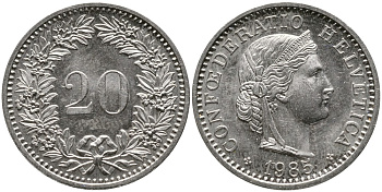 Швейцария 20 раппенов 1985 KM 29а медно-никель 4539-635