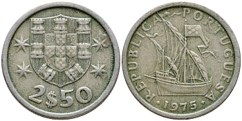 ПОРТУГАЛИЯ 2,5 ЭСКУДО 1975 ПАРУСНИК KM 590 медно-никель 4387-121