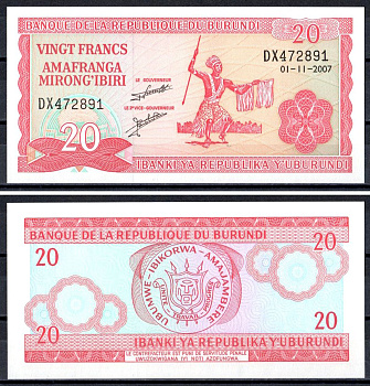 Бурунди 20 франков 2007 Pick 27 d бумага UNC (прес) 401-53-1-1