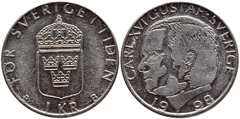Швеция 1 крона 1998 Карл XVI Густав (1973- ) KM 852a медно-никель 4610-935