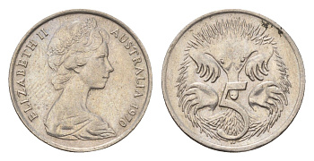 Австралия 5 центов 1970 Елизавета II (1952-2022) молодой портрет, ехидна KM 64 медно-никель 4669-1163