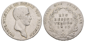 Пруссия 1 рейхсталер 1813 A, Фридрих Вильгельм III (1797-1840) KM 387, Daveenport 756, AKS 11 серебро 1517-944