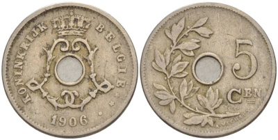 Бельгия 5 сантимов 1906 Belgie, Леопольд II (1865-1909), с крестом KM 55 медно-никель 4546-121