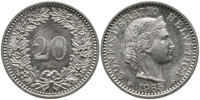 Швейцария 20 раппенов 1985 KM 29а медно-никель 4539-635