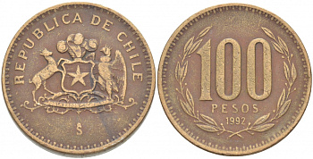 ЧИЛИ 100 ПЕСО 1992 KM 226.2 алюминиевая бронза 4539-833