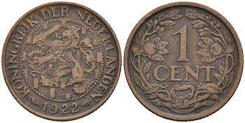 Нидерланды 1 цент 1922 Вильгельмина (1890-1948) KM 152 бронза 4576-732