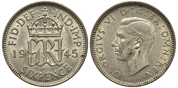 Великобритания 6 пенсов 1945 Георг VI (1936-1952) KM 852, Spink 4084 серебро 4538-552