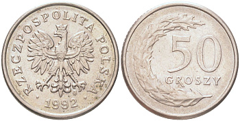 Польша 50 грошей 1992 Y 281 медно-никель UNC 4614-652