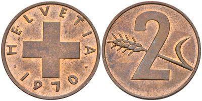 Швейцария 2 раппена 1970 KM 47 бронза UNC 4592-731