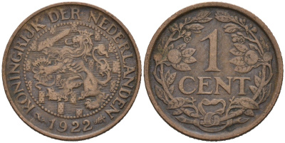 Нидерланды 1 цент 1922 Вильгельмина (1890-1948) KM 152 бронза 4576-732