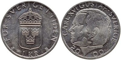 Швеция 1 крона 2000 Карл XVI Густав (1973- ) KM 852а медно-никель 4364-2351