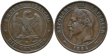 ФРАНЦИЯ 10 САНТИМОВ 1864 К, НАПОЛЕОН III (1852-1870) KM 798.3, LA FRANC 134.13 бронза 32-1023
