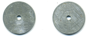 БЕЛЬГИЯ 25 САНТИМОВ 1943 BELGIE-BELGIQUE, ГЕРМАНСКАЯ ОККУПАЦИЯ, ВТОРАЯ МИРОВАЯ ВОЙНА KM 132 цинк 83-343