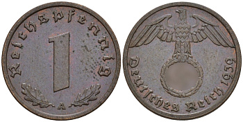 Германия 1 рейхспфенниг 1939 A KM 89, J. 361 бронза 4147-1131