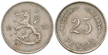 Финляндия 25 пенни 1934 S KM 25 медно-никель 4174-943