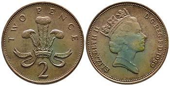 Великобритания 2 пенса 1989 Елизавета II (1952-2022) KM 936, Spink 4376 (C3) бронза 87-813