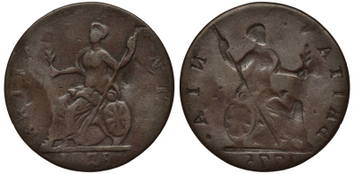 Великобритания 1 фартинг 1775 инкузный брак монетного двора, Георг III (1760-1820) KM 602, Spink 3775 медь 00-821-53