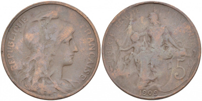 ФРАНЦИЯ 5 САНТИМОВ 1909 ТИП ДАНИЭЛЬ ДЮПЮИ KM 842, LE FRANC 119.20 бронза 77-247
