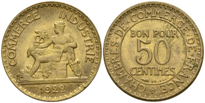 Франция 50 сантимов 1922 тип Chambre de Commerce KM 884, Le Franc 191.5 алюминиевая бронза 53-124
