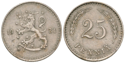 Финляндия 25 пенни 1934 S KM 25 медно-никель 4174-943