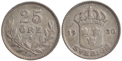 Швеция 25 эре 1930 G, Густав V (1907-1950) KM 785 серебро 4179-843