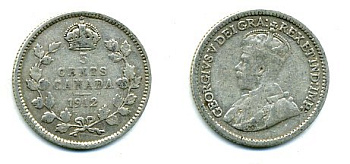 КАНАДА 5 ЦЕНТОВ 1912 ГЕОРГ V серебро 46-448