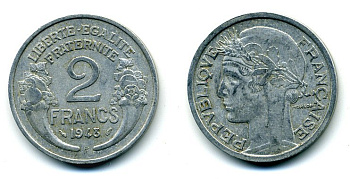 Франция 2 франка 1948 KM 886a.1 алюминий 35-1131