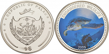 Палау 1 доллар 2009 серия вымирающие виды, морская черепаха (Eretmochelys imbricata), цветная эмаль KM 284 медно-никель PROOF M39-5