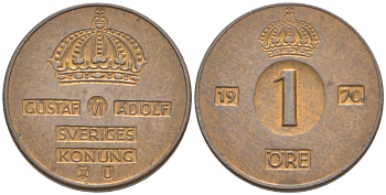 Швеция 1 эре 1970 U Густав VI Адольф (1950-1973) KM 820 бронза 187-164