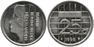 Нидерланды 25 центов 1998 Беатрикс (1980-2013) KM 204 никель 86-451