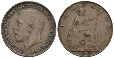 Великобритания 1 фартинг 1919 Георг V (1910-1936) KM 808.2 Spink 4060 бронза 220-816