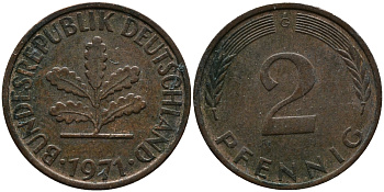 ФРГ 2 пфеннига 1971 G KM 106а, J.381а сталь плакированная медью 99-211