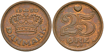 Дания 25 эре 1990 Маргрете II (1972- ) KM 868 бронза 4136-355