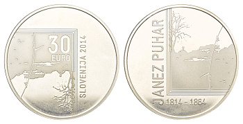 Словения 30 евро 2014 200 лет со дня рождения Янеша Пухара, тираж 2.000 экземпляров KM 119 серебро PROOF 270-745