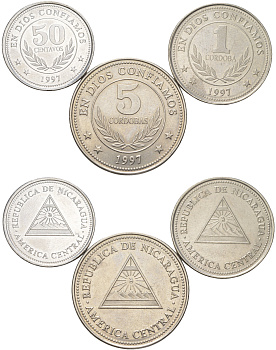 Никарагуа годовой набор из 3 монет (50 сентаво; 1 и 5 кордоб) 1997 KM 88, 89 и 90 UNC 4624-311-313
