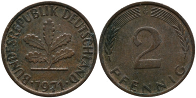 ФРГ 2 пфеннига 1971 G KM 106а, J.381а сталь плакированная медью 99-211