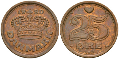 Дания 25 эре 1990 Маргрете II (1972- ) KM 868 бронза 4136-355