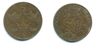 ШВЕЦИЯ 5 ЭРЕ 1915 KM 779.2 бронза 04-951