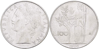 ИТАЛИЯ 100 ЛИР 1966 R, АФИНА KM 96.1 нержавеющая сталь 4526-321