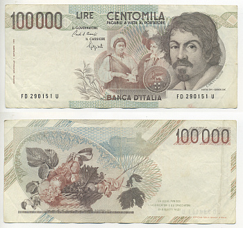 Италия 100000 лир 1983 Караваджо, фруктовый букет, подпись Speziali Pick 110b бумага 7220-18-1